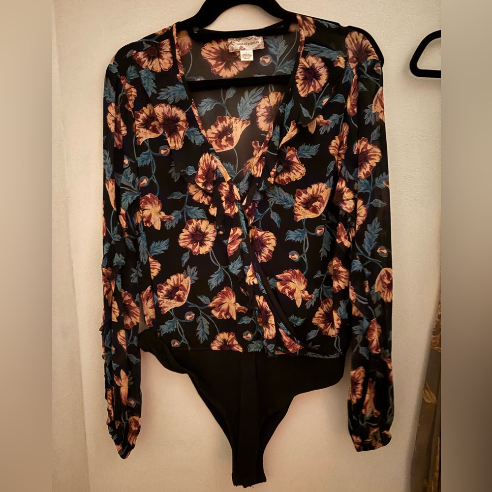 Band of Gypsies Floral Wrap Bodysuit - Black, Orange, Blue